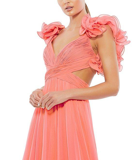 Ieena Mac Duggal Chiffon V-Neck Sleeveless Cut-Out Strappy Back Detail Tiered Ruffle Hem Gown Product Image