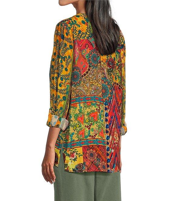 John Mark Floral Printed Y-Neck 3/4 Roll-Tab Sleeve Tunic Top Product Image