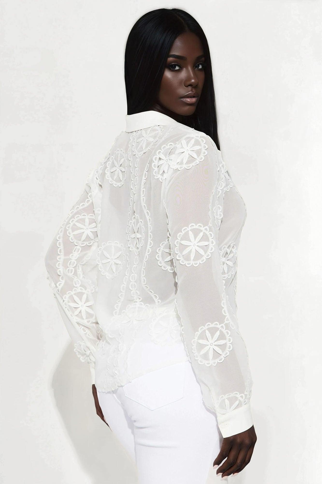 Brunch Lady Floral Embroidery Chiffon Shirt - White Female Product Image