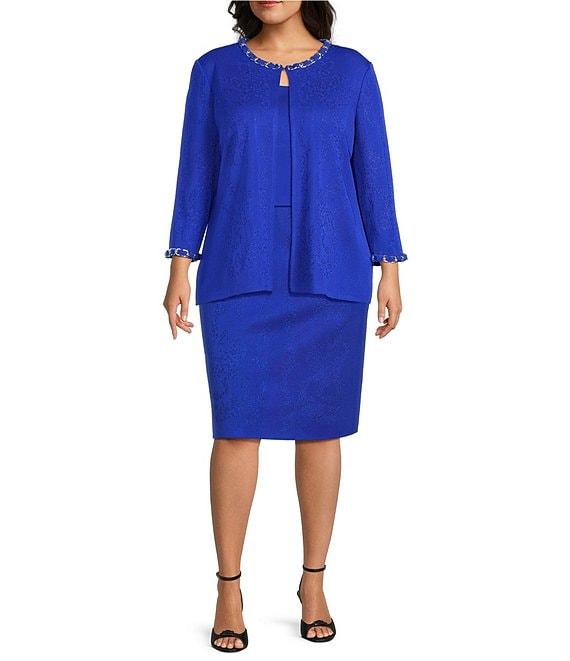 Ming Wang Plus Size Knit Crew Neck 3/4 Sleeve Ribbon Chain Trim Jacket Product Image