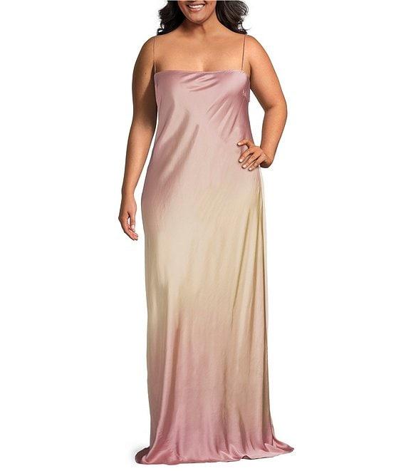 Good American Plus Ombre Print Square Neck Sleeveless Satin Slip Maxi Dress Product Image