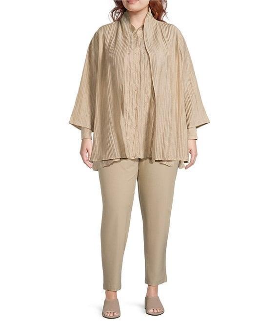Eileen Fisher Plus Size Crinkle Shimmer High Collar Bracelet Sleeve Open Front Jacket Product Image