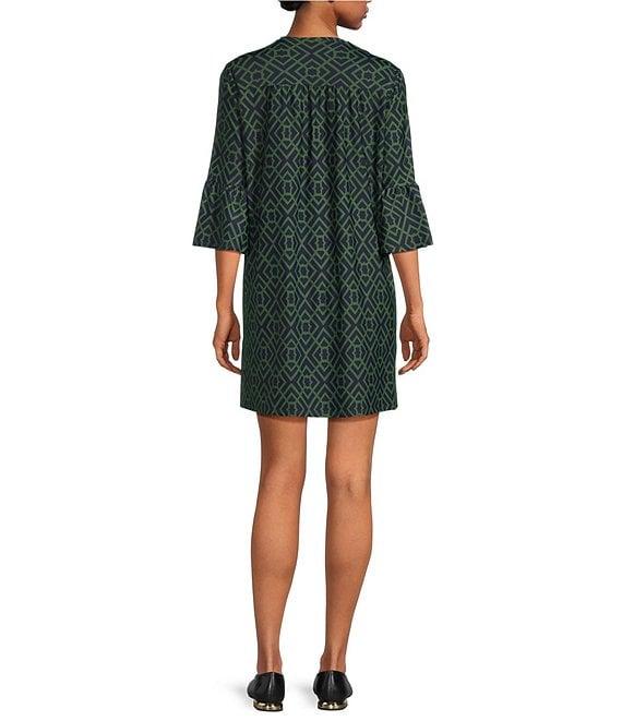 Jude Connally Kerry Garden Lattice Loden Print Split V-Neck 3/4 Bell Sleeve Knit Shift Dress Product Image