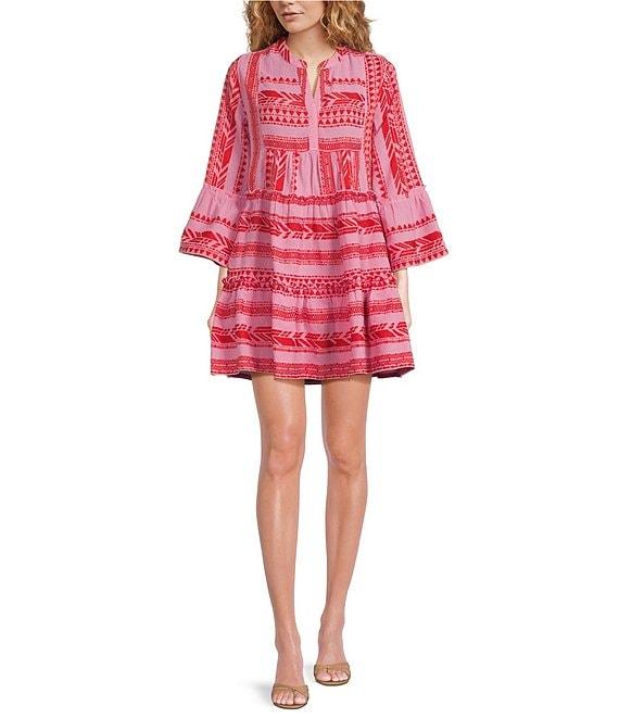 ELAN Arrow Geo Print Split V-Neck 3/4 Bell Sleeve Babydoll Dress Product Image