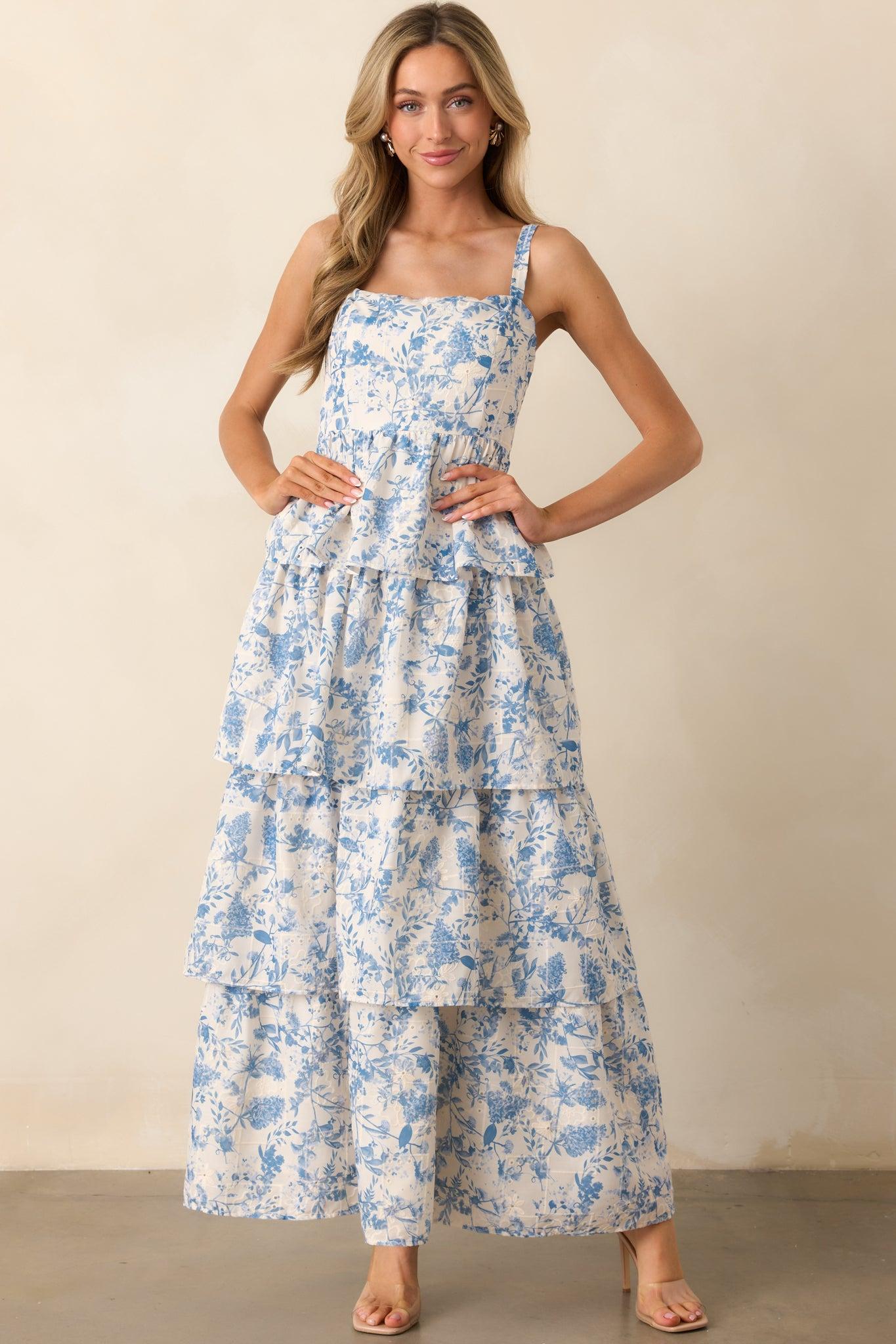 Happy To Be Here Blue Floral Embroidered Eyelet Maxi Dress Product Image