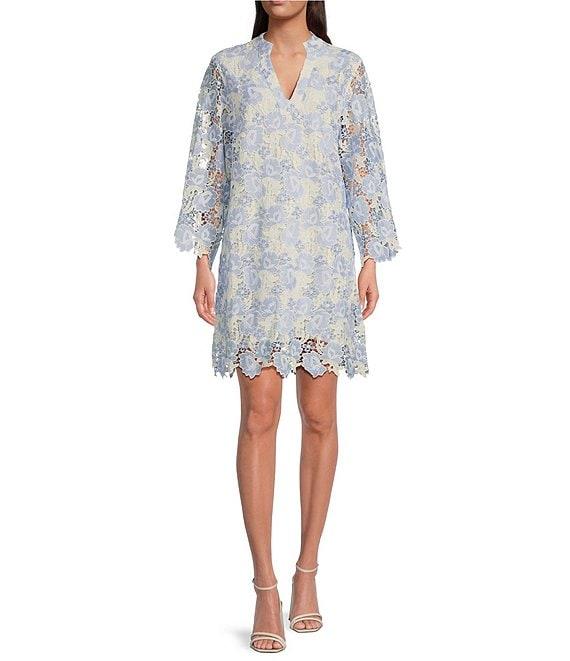 J.Marie Maggie Floral Lace Split V-Neck Long Sleeve Shift Dress Product Image