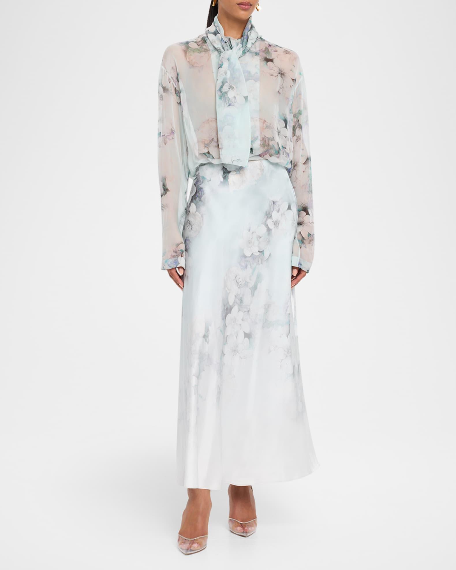 Flower Print Chiffon Scarf-Neck Blouse Product Image