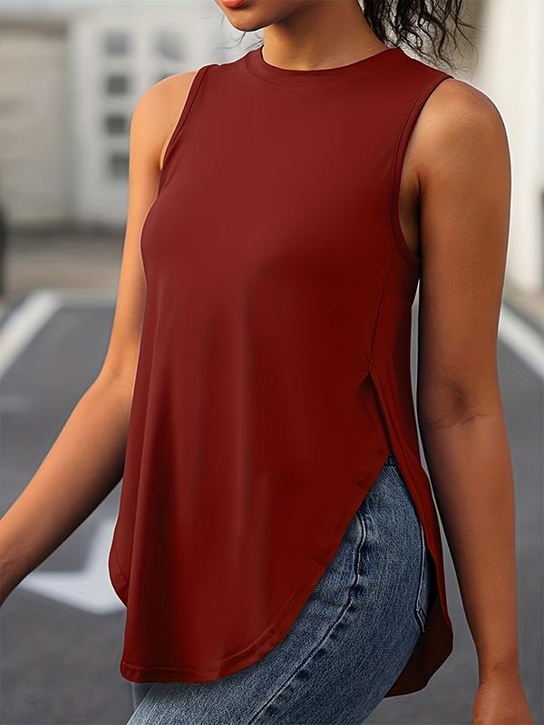 Loose Sleeveless Solid Color Split-Side Round-Neck Cover-Ups Tops Vest Top Product Image
