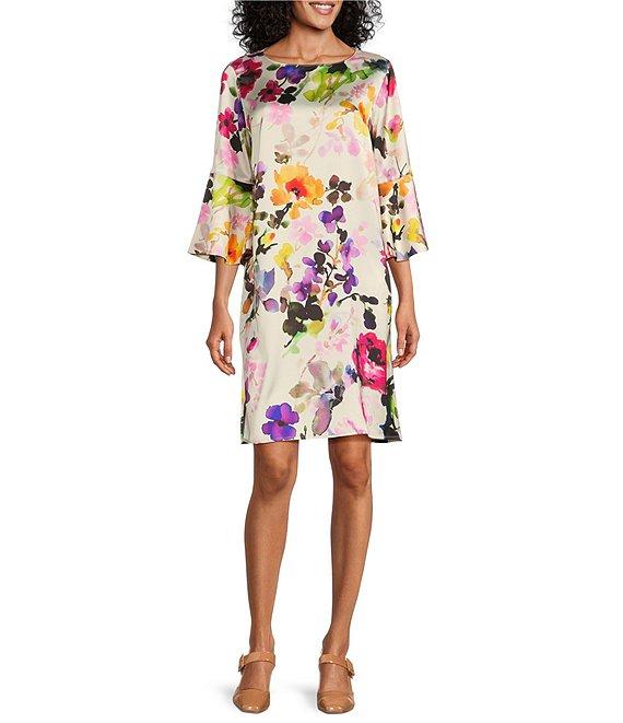Caroline Rose Bella Brilliant Floral Bouquet Print Satin Scoop Neck 3/4 Soft Bell Sleeve Shift Dress Product Image