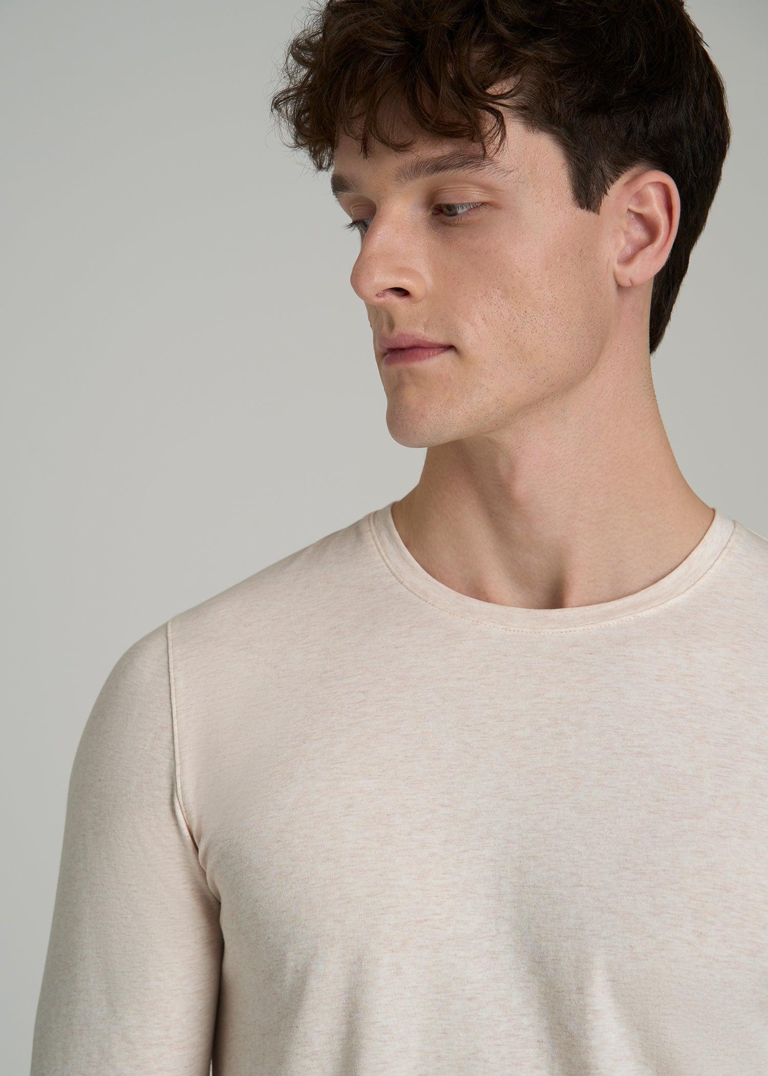 The Essential Modern Fit Crewneck Long Sleeve Tee for Tall Men in Heathered Oatmeal Male Product Image