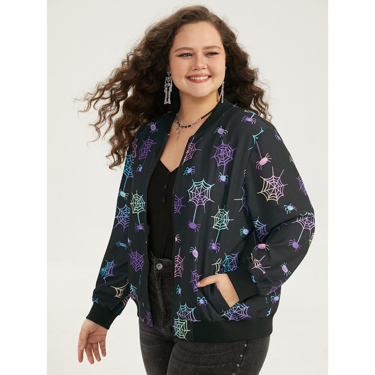Plus Size Halloween Spider Web Zipper Pocket Jacket Women Black Elastic cuffs Pocket Dailywear Jackets BloomChic 28/5X Product Image