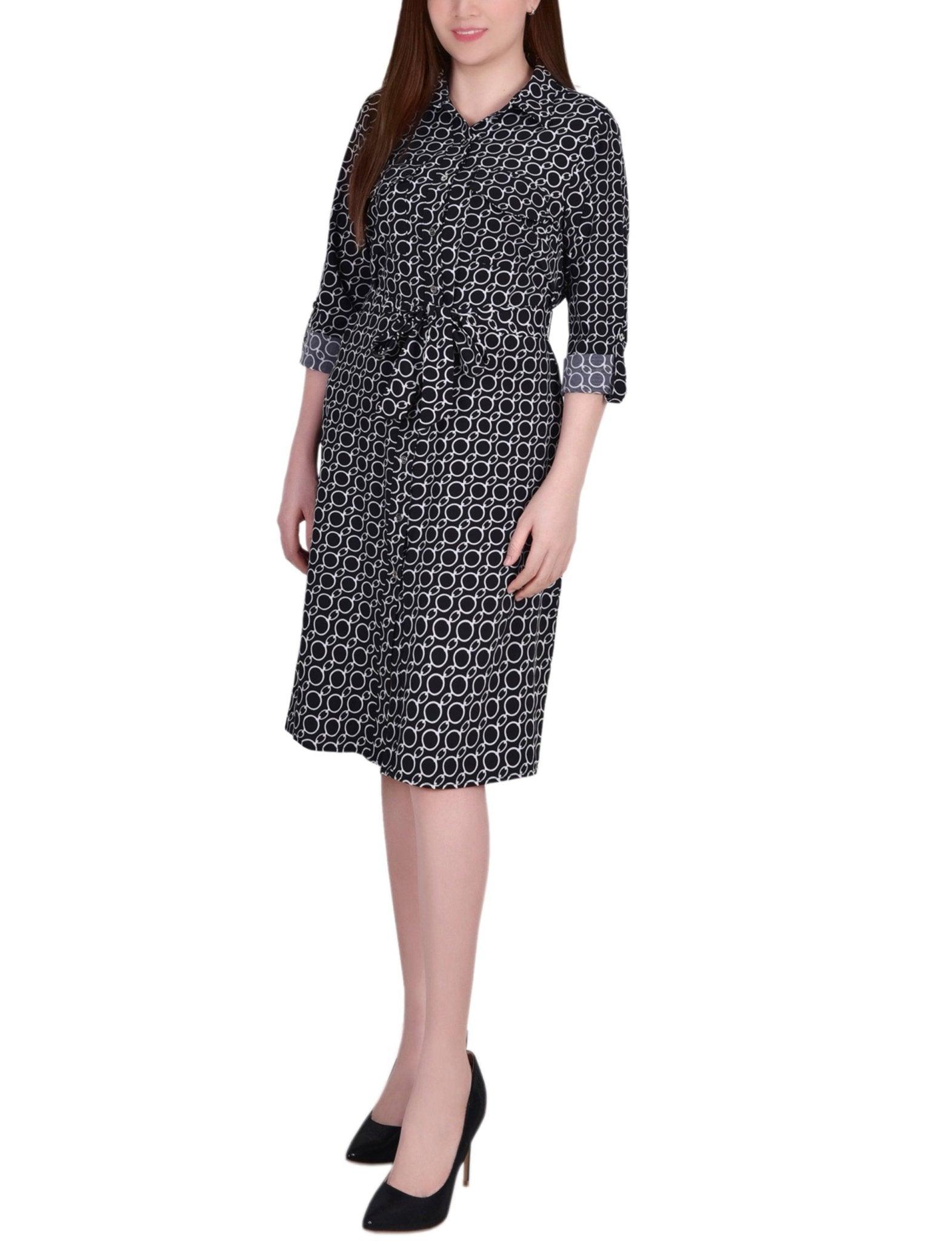 Cypress Inca Gold Navy Zigzag 3/4 Roll Tab Sleeve Belted Shirtdress - Petite Product Image