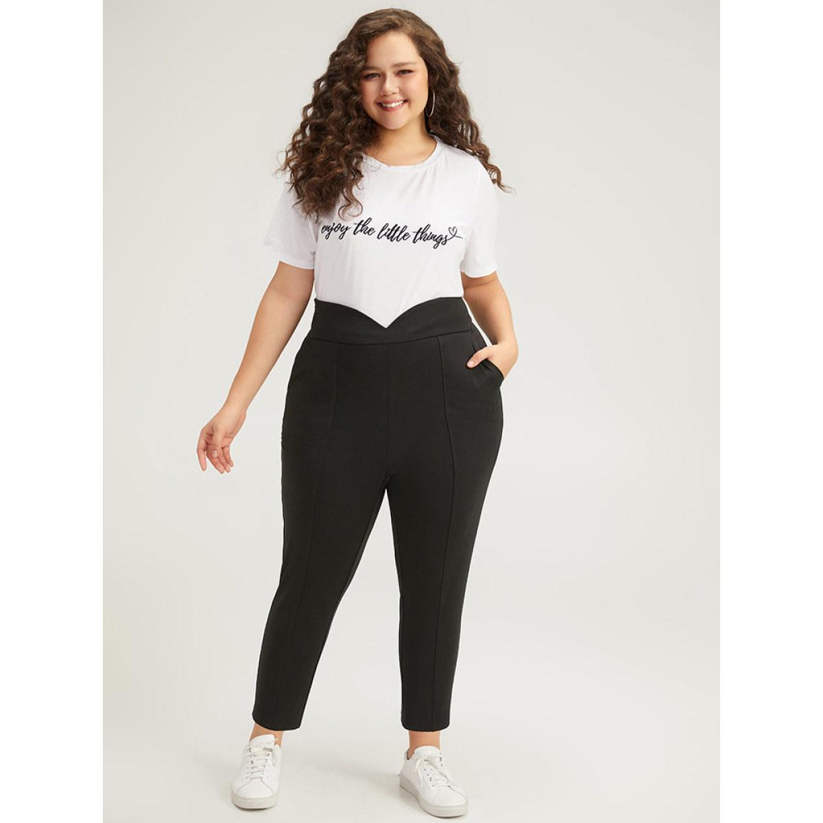 Plus Size Plain Wideband Waist Pocket Scalloped Trim Skinny Leggings Women Black Casual Bodycon High Rise Everyday Pants BloomChic 28/5X Product Image