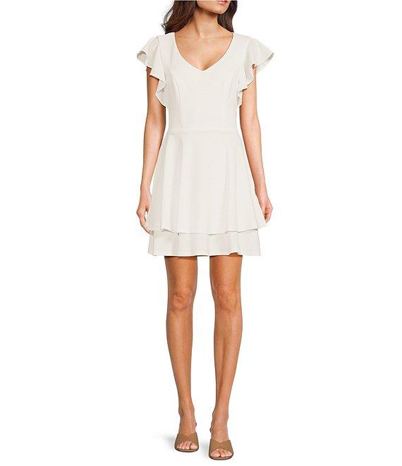 Next Up Short Flutter Sleeve V-Neck Back Twist Cut Out Loop And Button Solid Dress Product Image