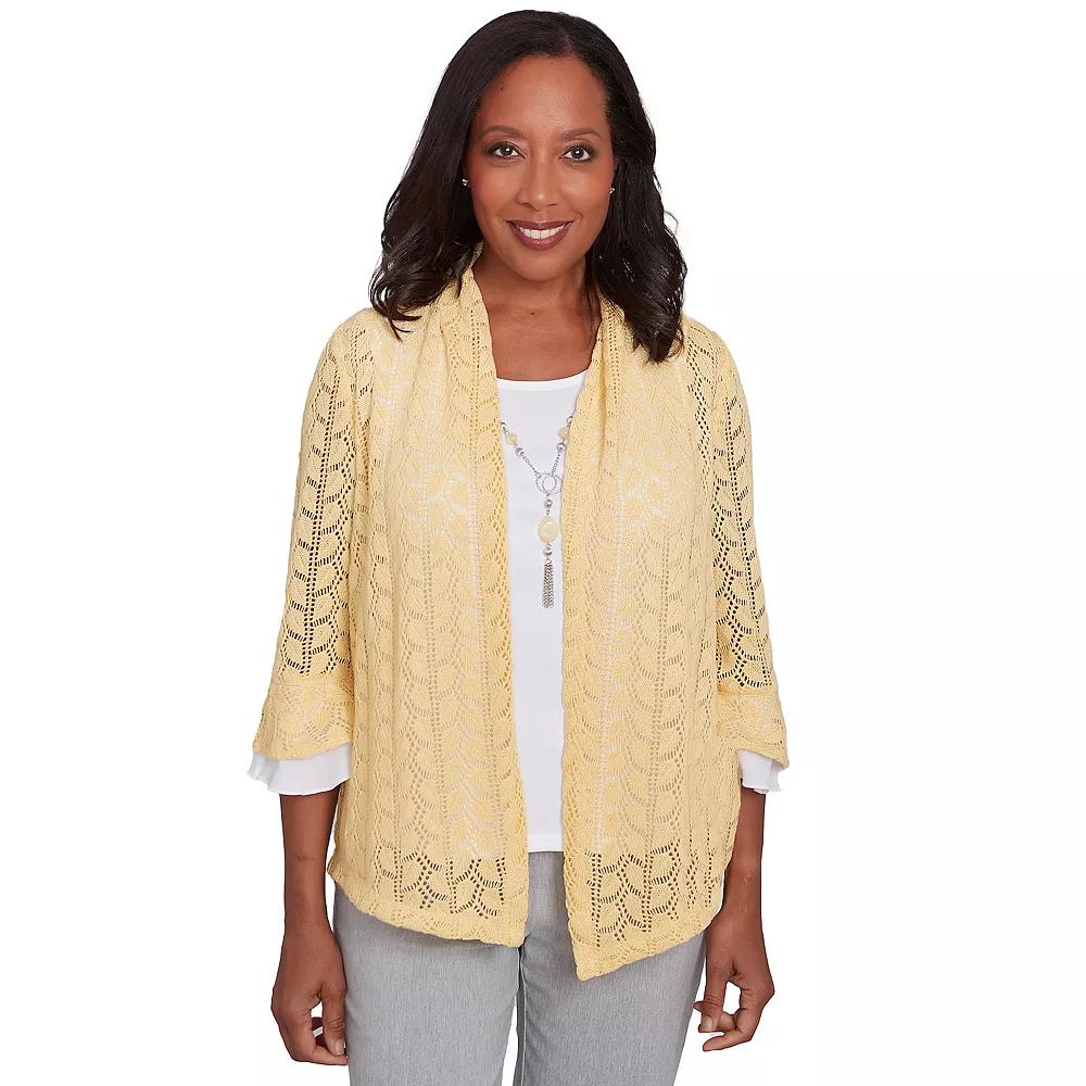 Women's Alfred Dunner Two-in-One Pointelle Knit Top with Necklace, Size: Medium, Buttercup Product Image