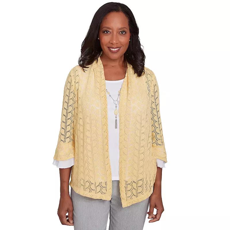 Women's Alfred Dunner Two-in-One Pointelle Knit Top with Necklace, Size: Medium, Buttercup Product Image