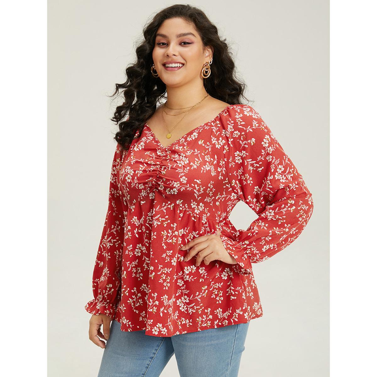 Plus Size Rust Floral Print Ruched Lantern Sleeve Blouse Women Elegant Long Sleeve V-neck Dailywear Blouses BloomChic 14-16/1X Product Image