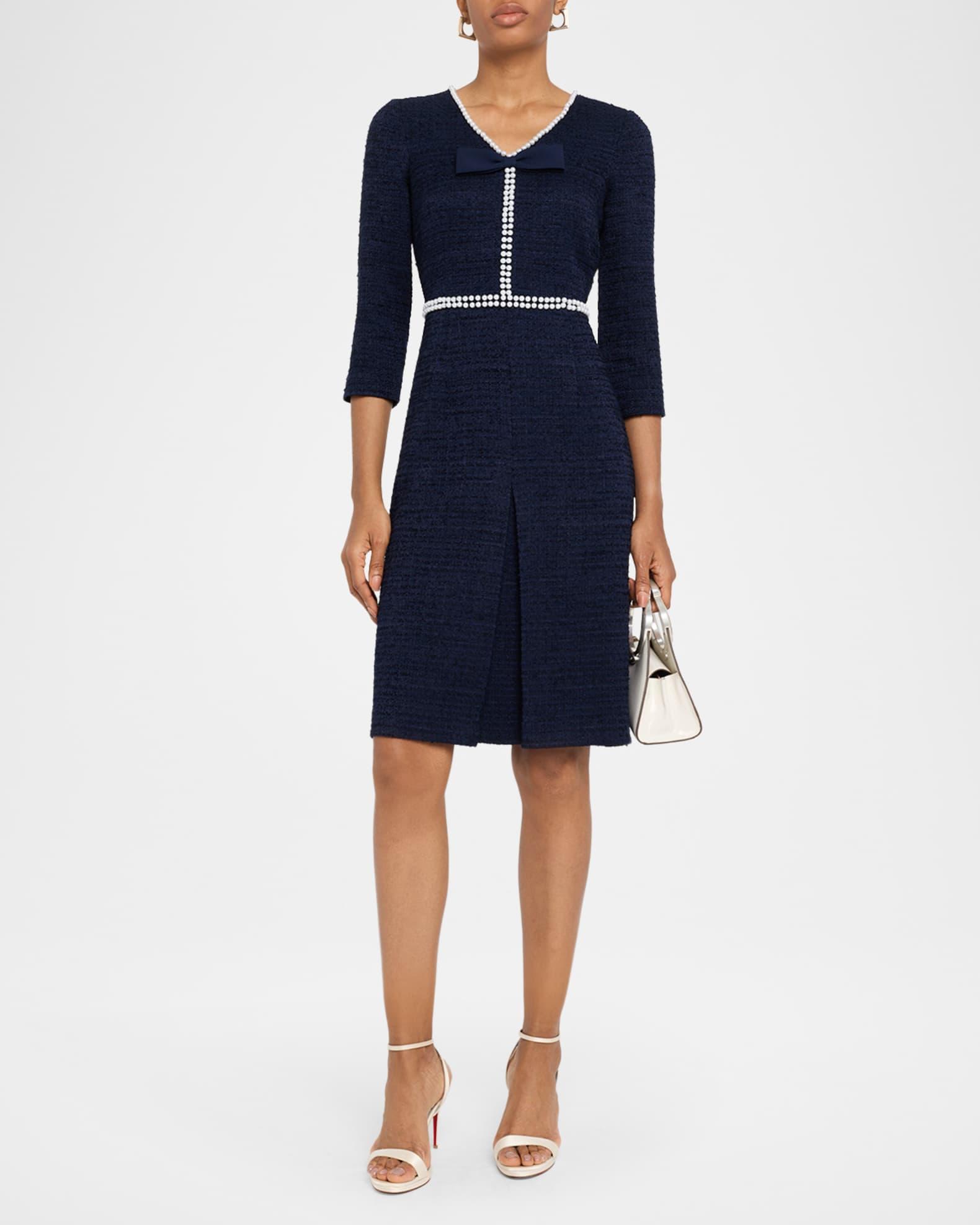 Pleated Pearly-Trim Boucle Dress Product Image