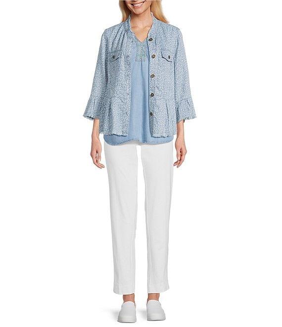 Multiples Lyocell Printed Point Collar 3/4 Flounce Sleeve Button Front Peplum Jacket Product Image