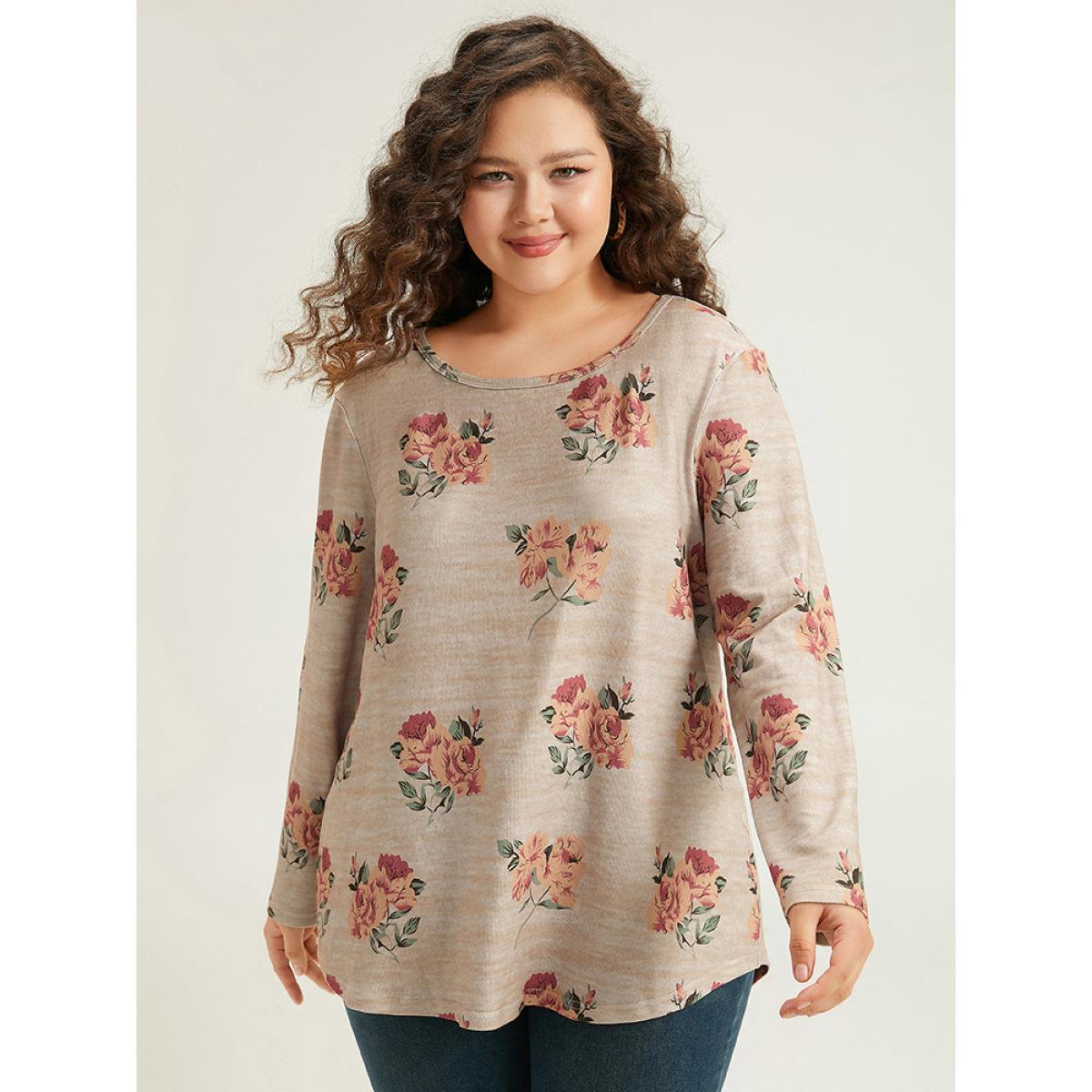 Plus Size Floral Print Crew Neck Heather T-shirt Tan Women Casual Printed Floral Round Neck Dailywear T-shirts BloomChic 10/M Product Image