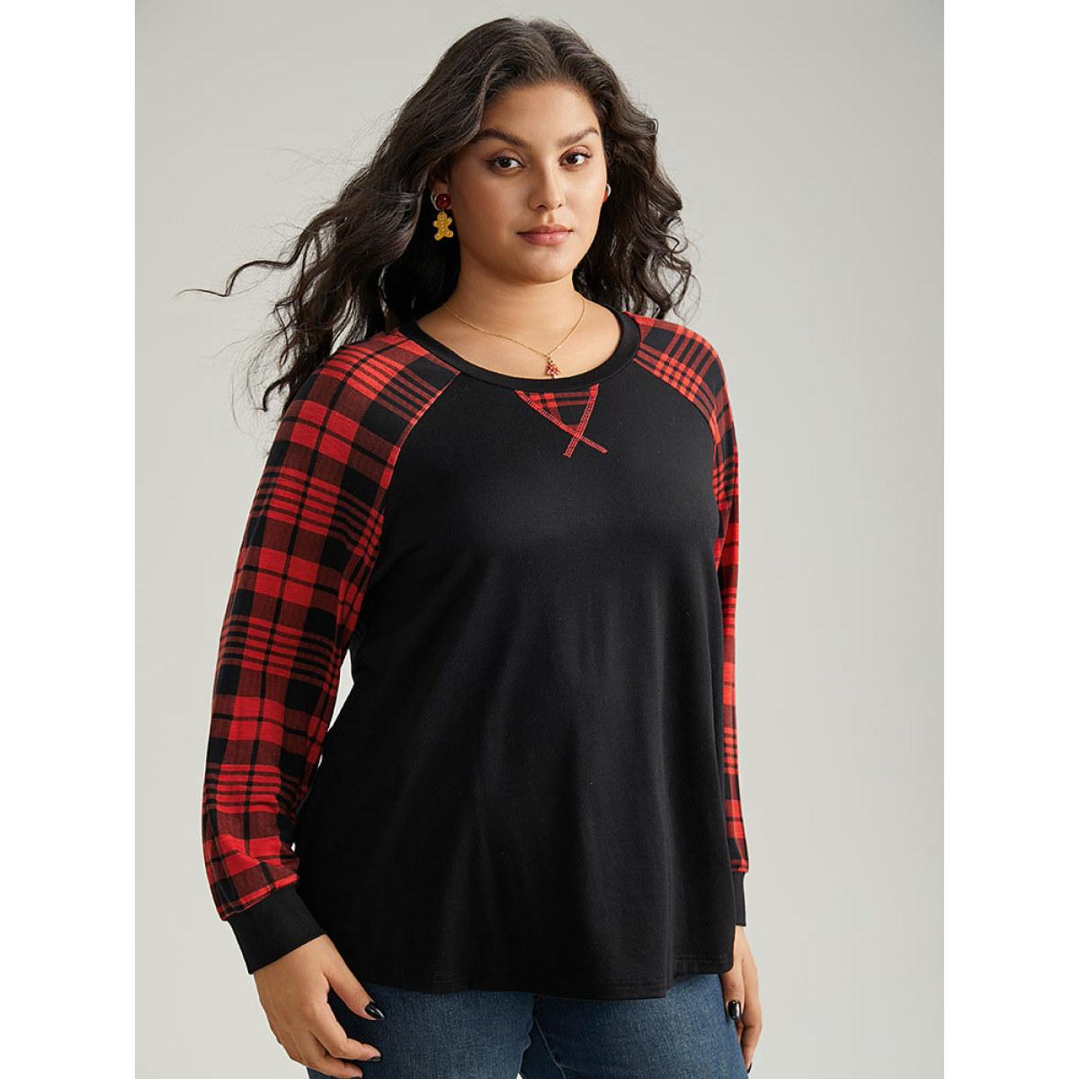 Plus Size Plaid Contrast Stitch Raglan Sleeve T-shirt Black Women Casual Elastic cuffs Plaid Round Neck Festival-Christmas T-shirts BloomChic 10/M Product Image