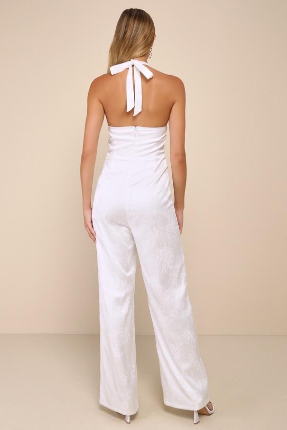 Elegant Aspect Ivory Floral Jacquard Halter Wide-Leg Jumpsuit Product Image