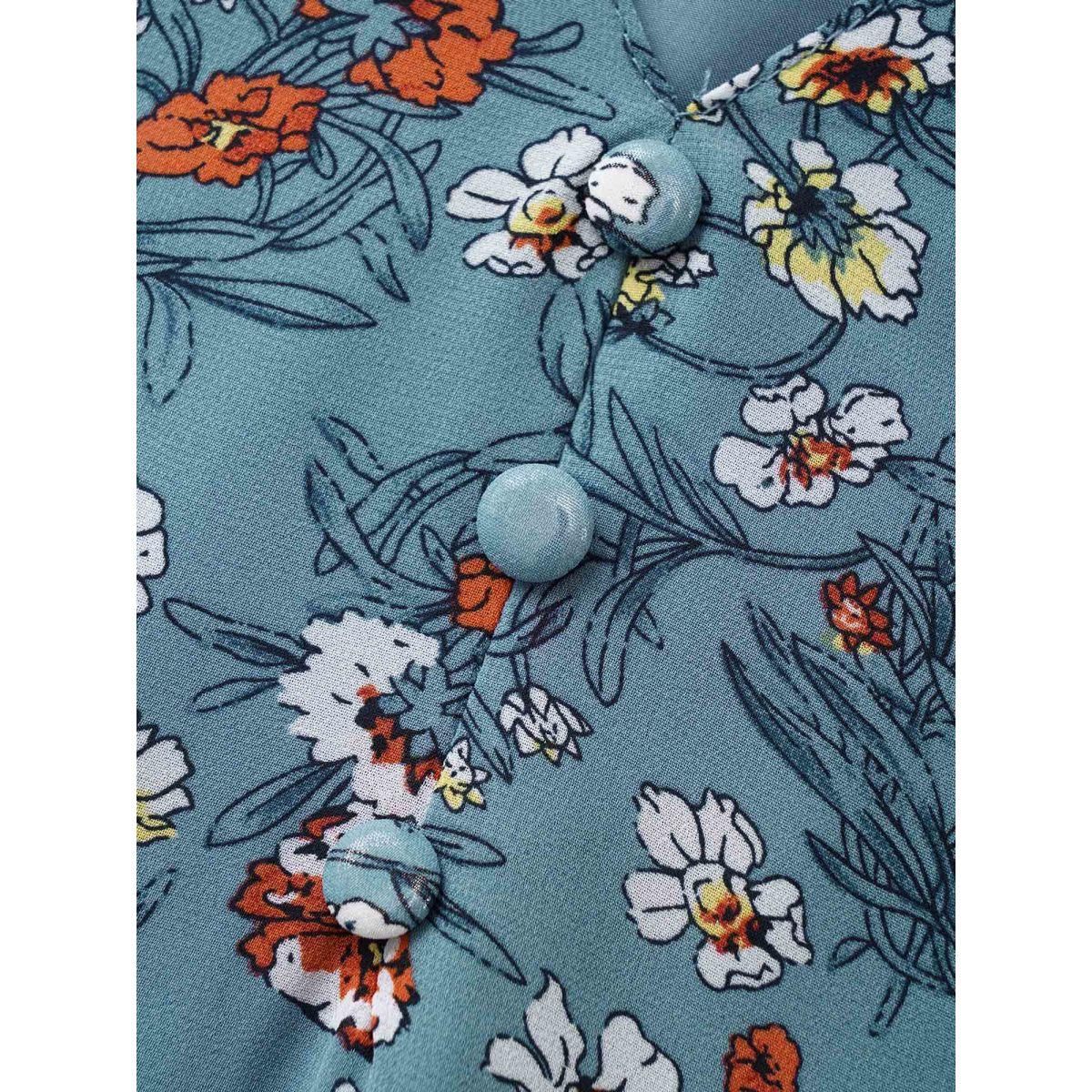 Plus Size Cerulean Floral Tucked Seam Notched Collar Blouse Women Elegant Short sleeve Notched collar Everyday Blouses BloomChic 14-16/1X Product Image