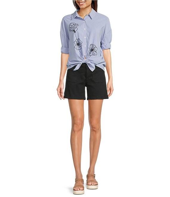 Charlie B. Woven Striped Floral Point Collar 3/4 Sleeve Blouse Product Image