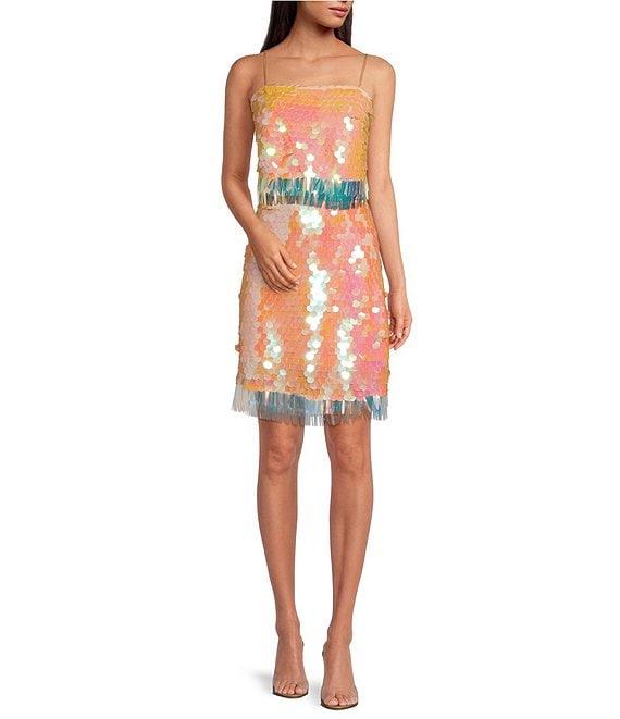 Skies Are Blue Sequin Fringe Hem Square Neck Sleeveless Cami Coordinating Crop Top Product Image