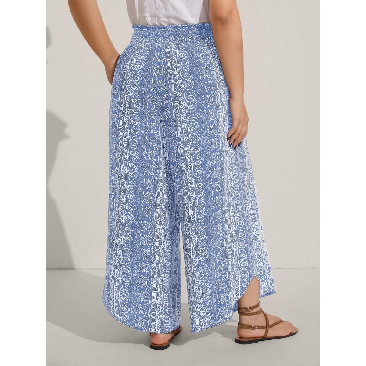 Plus Size Boho Print Shirred Waist Wide-Leg Pants Women Lemonyellow Boho Wide Leg Mid Rise Vacation Pants BloomChic 12/L Product Image