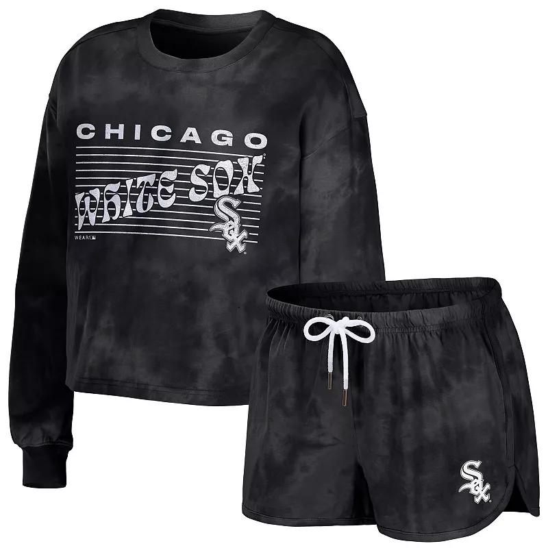 Women's WEAR by Erin Andrews Black Chicago White Sox Tie-Dye Cropped Pullover Sweatshirt & Shorts Lounge Set, Size: Large Product Image