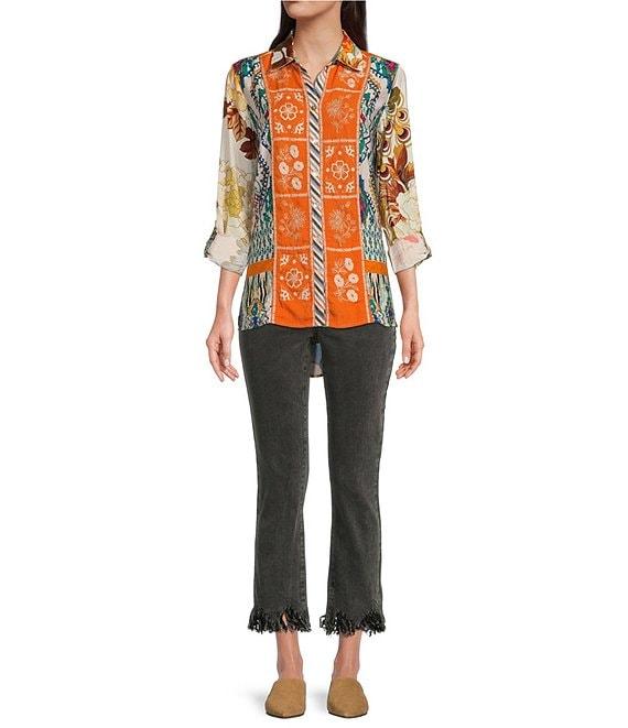 John Mark Point Collar Button Front Long Roll-Tab Sleeve Embroidered Panel Multi Print Tunic Product Image