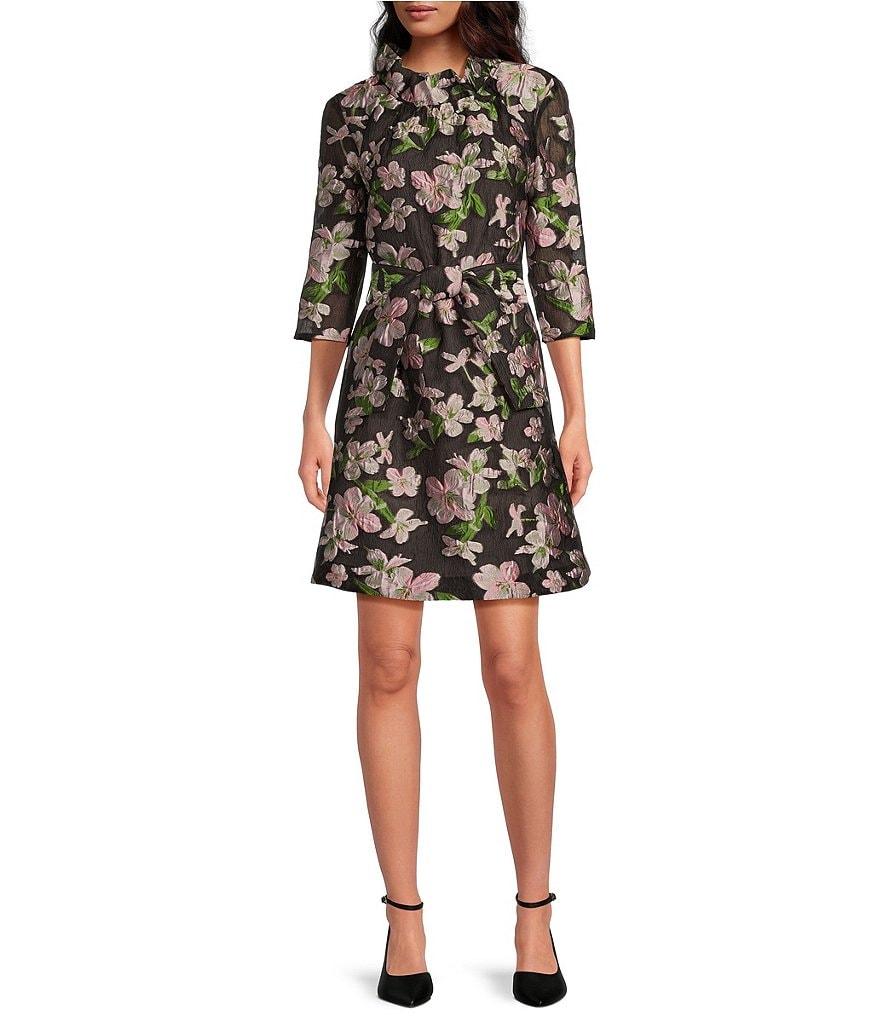 Abbey Glass Claudine Organza Floral Jacquard Ruffle Mock Neck 3/4 Sleeve Tie at Waist Above the Knee Shift Dress Product Image