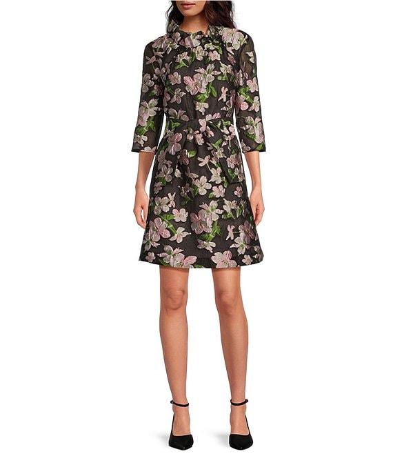 Abbey Glass Claudine Organza Floral Jacquard Ruffle Mock Neck 3/4 Sleeve Tie at Waist Above the Knee Shift Dress Product Image
