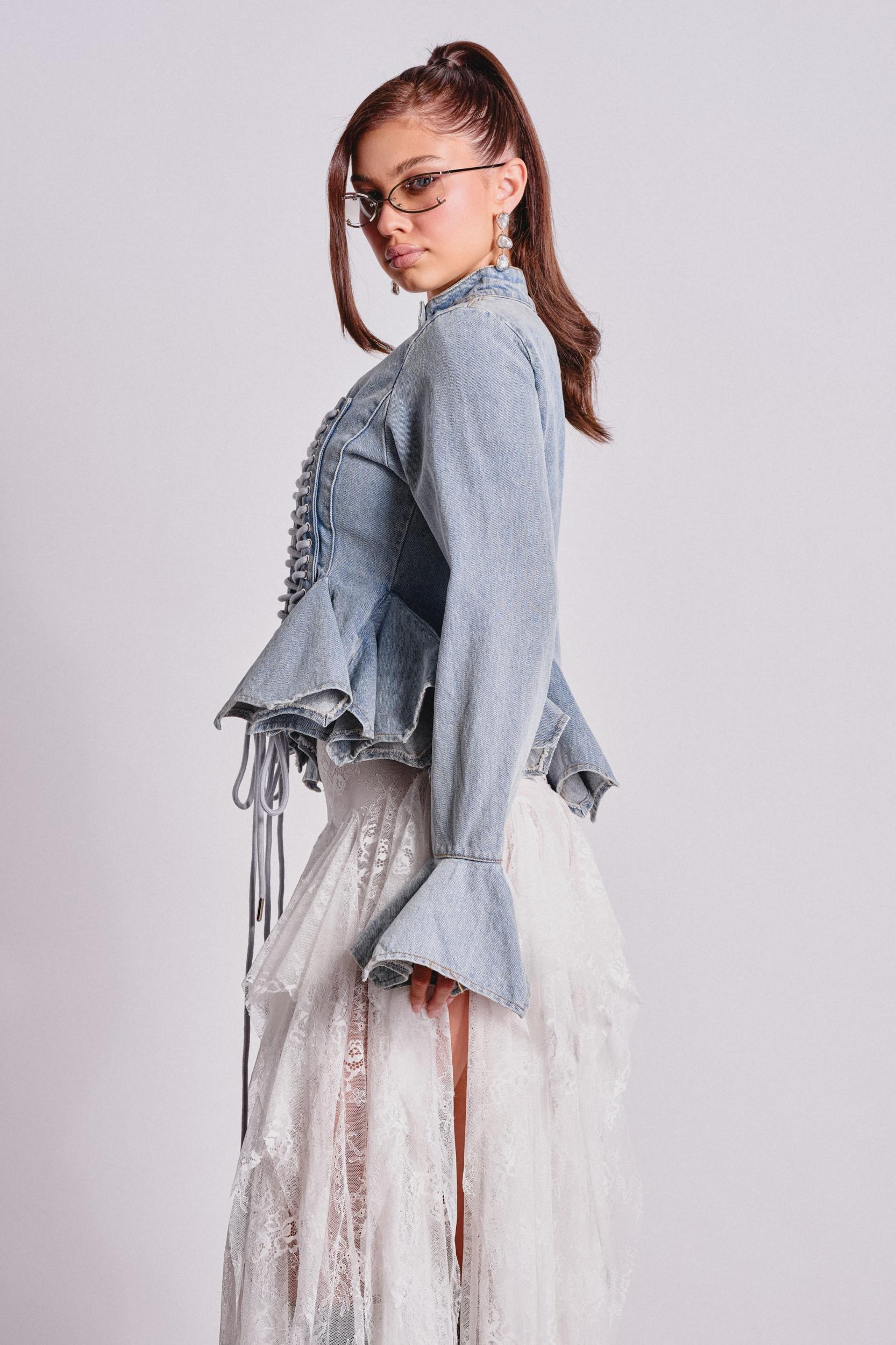 DOUBLE DARE YOU PEPLUM DENIM JACKET Product Image
