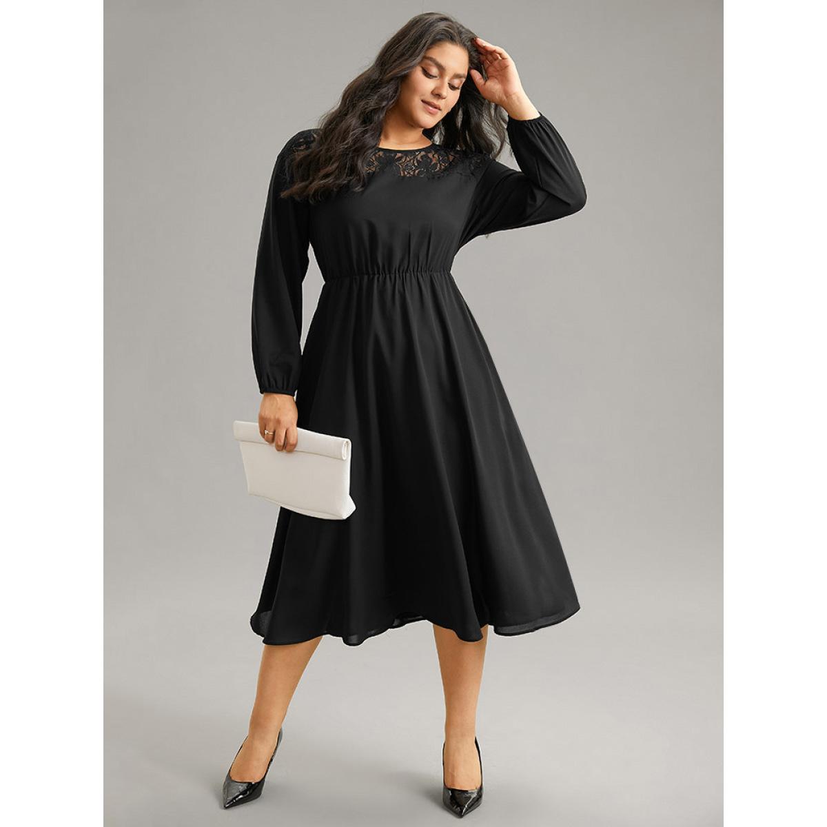 Plus Size Lace Panel Patchwork Lantern Sleeve Dress Black Women At the Office Elastic cuffs Round Neck Long Sleeve Curvy Midi Dress BloomChic 14-16/1X Product Image