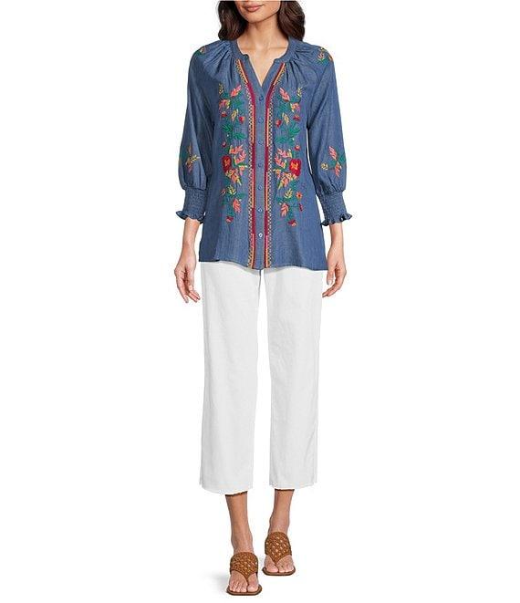 Calessa Petite Size Embroidered Tencel Split Neck 3/4 Sleeve Button Front Tunic Product Image