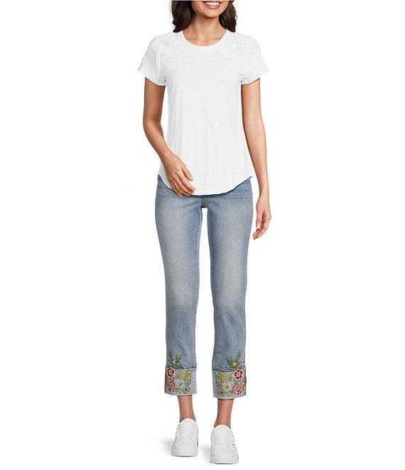 Driftwood Colette Stretch Denim Floral Embroidered Cuffed Cropped Straight Leg Jeans Product Image