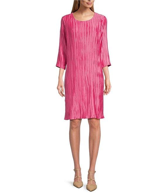 Caroline Rose Plisse Knit Scoop Neck 3/4 Sleeve A-Line Dress Product Image