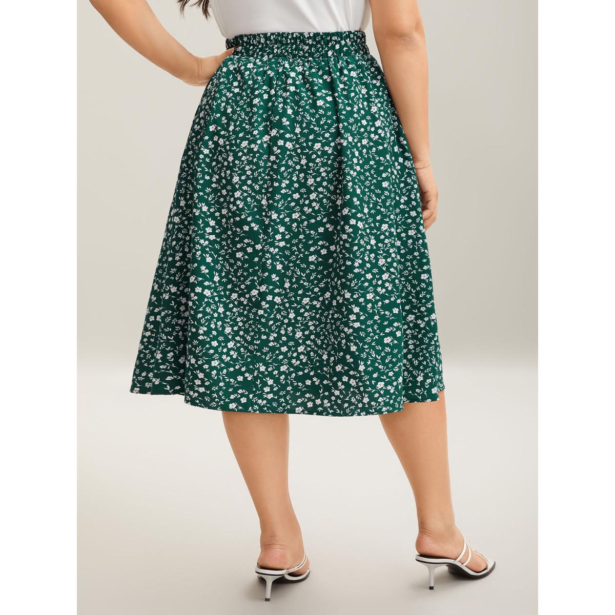 Plus Size Ditsy Floral Print Stretchy Flared Midi Skirt Women DarkGreen Timeless Low stretch Slanted pocket Elegant Skirts BloomChic 14-16/1X Product Image