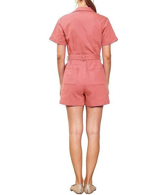 Skies Are Blue Washed Cotton Twill Notch Collar Short Sleeve Button Front Belted Romper Product Image