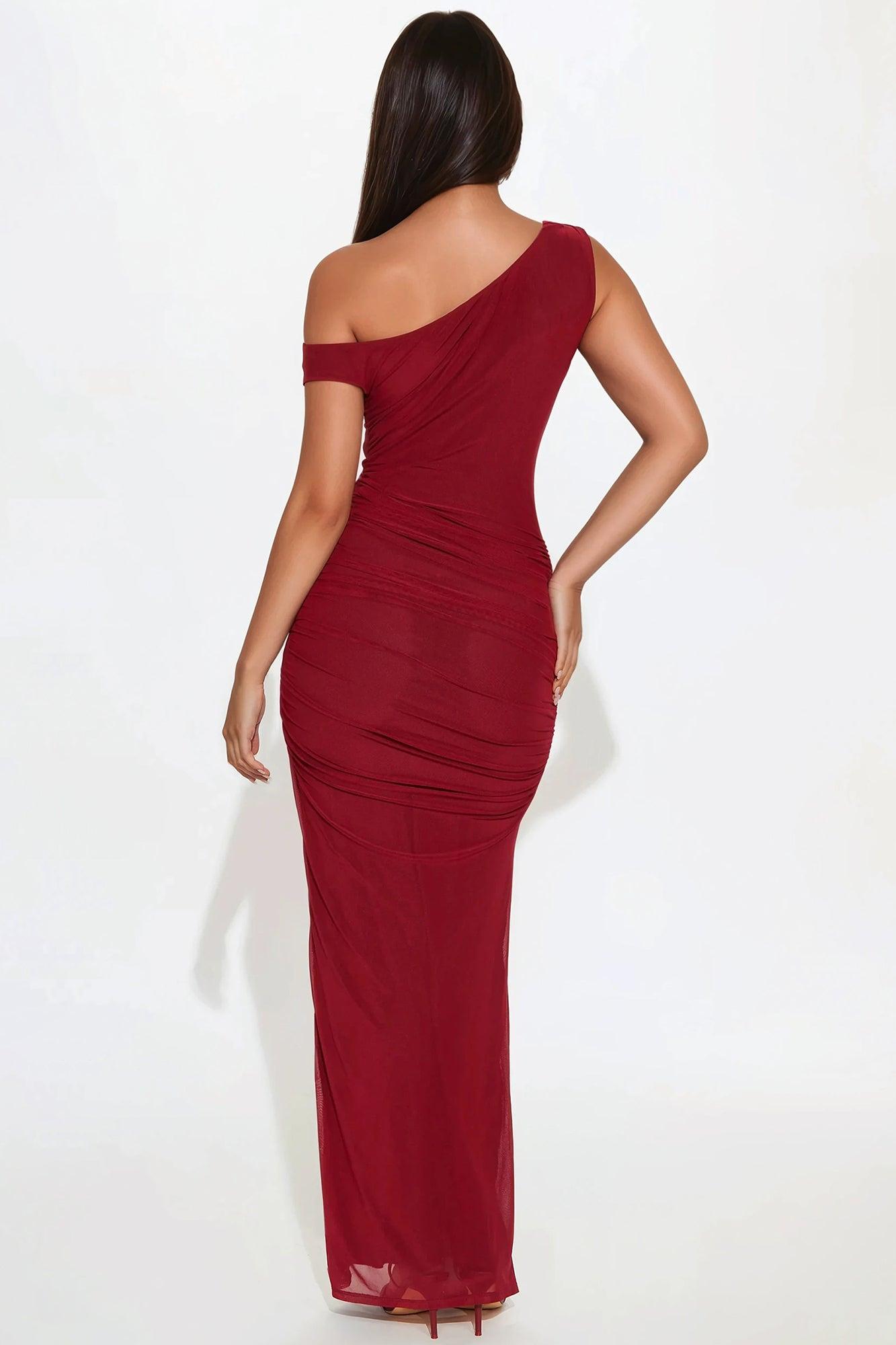 Ashtin Mesh One Shoulder Maxi Dress - Wine Product Image