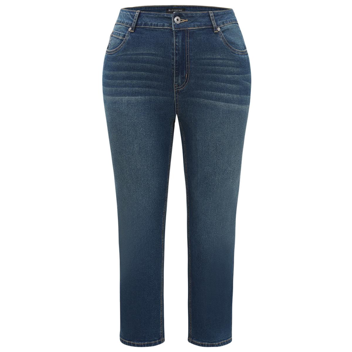 Plus Size Plain Medium Wash Straight Leg Jeans Women Indigo Casual Plain Plain High stretch Pocket Jeans BloomChic 16/1X Product Image