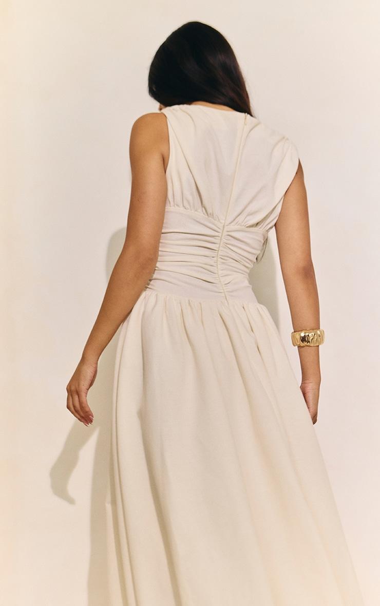 Cream Boat Neck Ruched Detail Puffball Maxi Dress Product Image