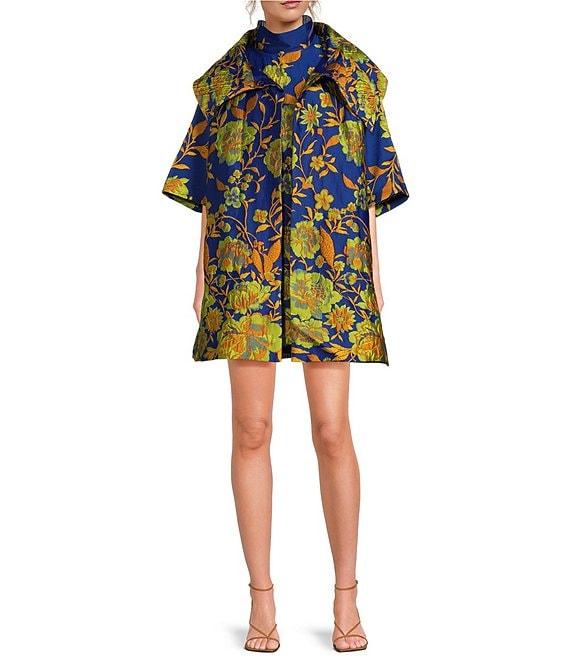 Buru Floral Print Oversized Point Collar 3/4 Sleeve Side Pocket Car Coat Product Image