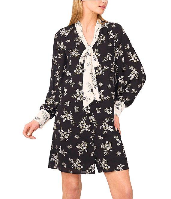 CeCe Woven Floral Print Tie Neck Long Sleeve A-Line Dress Product Image