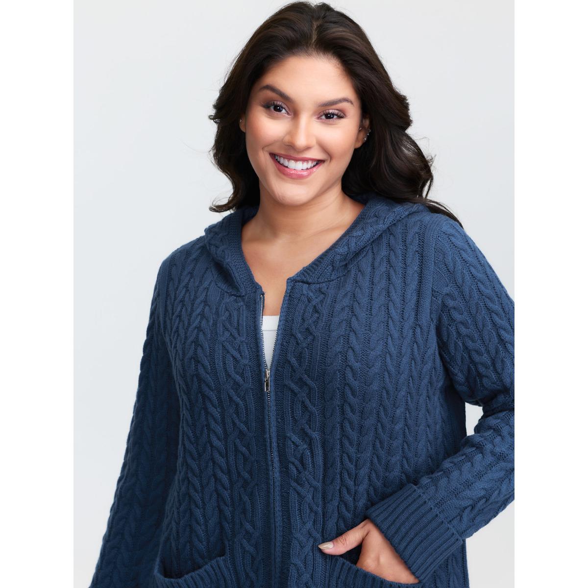 Plus Size Cableknit Zipper Hooded Knit Cardigan Aegean Women Leisure Loose Long Sleeve Casual Cardigans BloomChic 28/5X Product Image