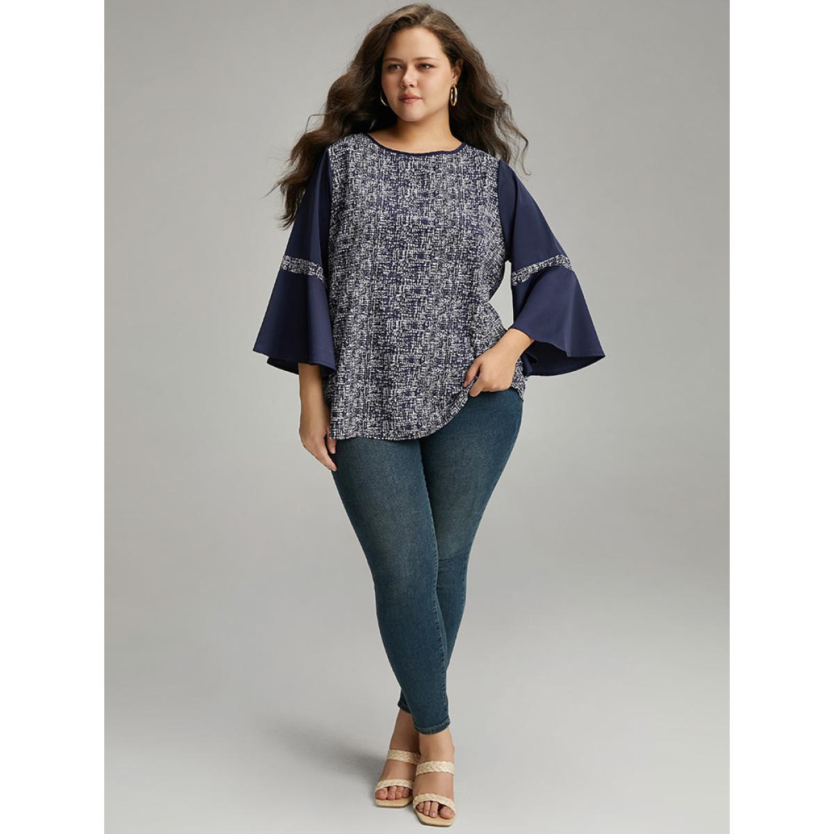 Plus Size DarkBlue Patchwork Crew Neck Ruffle Sleeve Blouse Women Vacation Long Sleeve Round Neck Dailywear Blouses BloomChic 22-24/3X Product Image