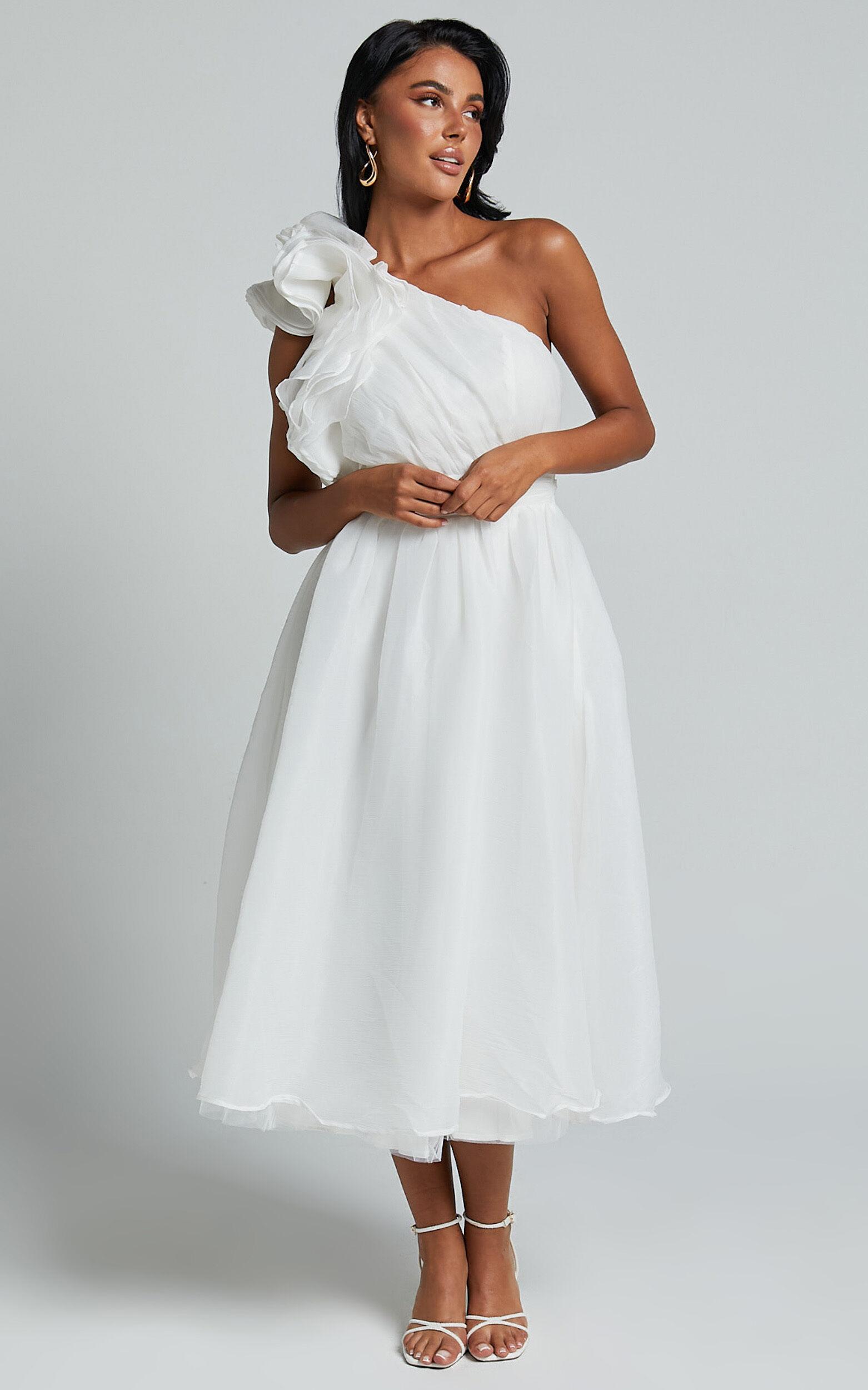 Tia Midi Dress - One Shoulder Frill Detail Fit & Flare Dress in White Product Image