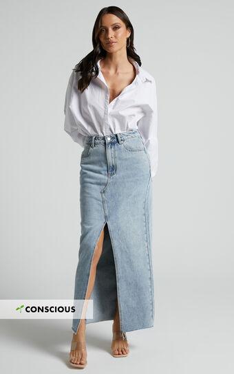 Kira Midi Skirt - Front Split Denim Skirt in Light Blue Wash Product Image